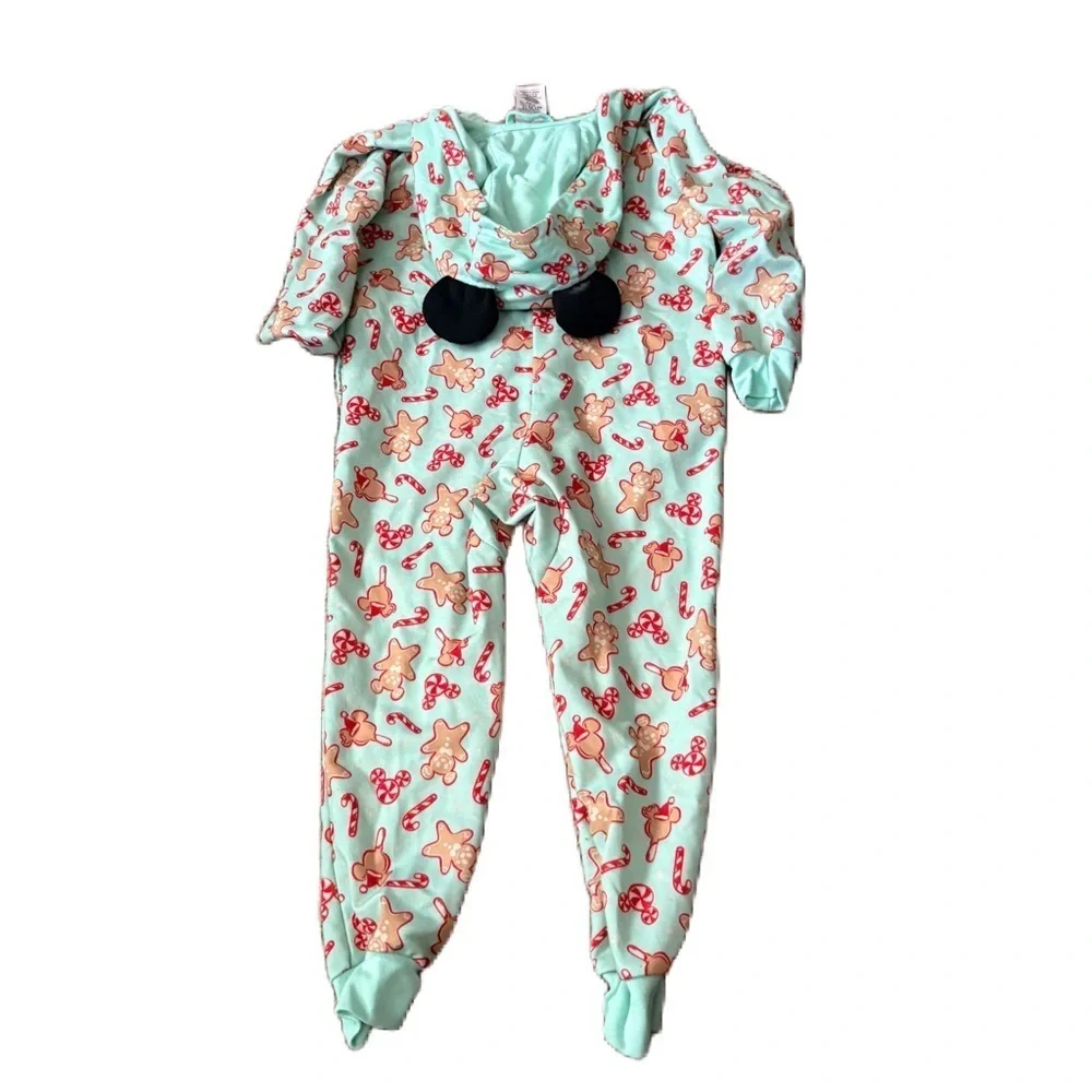 Disney Mickey Bars Mouse Holiday Gingerbread Hooded Romper Pajamas Kids 5/6 Blue